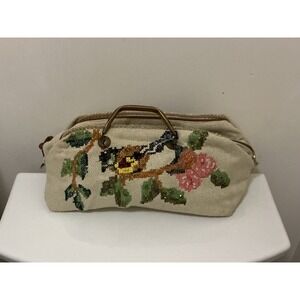 Miss Albright Anthropologie Bird Needlepoint Canvas Satchel Bag Cream Floral